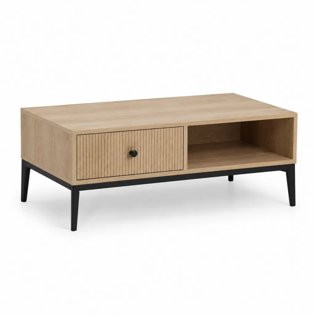 Tavolino da caffe rettangolare con contenitore 100 x 50 x 45 cm in pannello truciolare rovere e acciaio nero