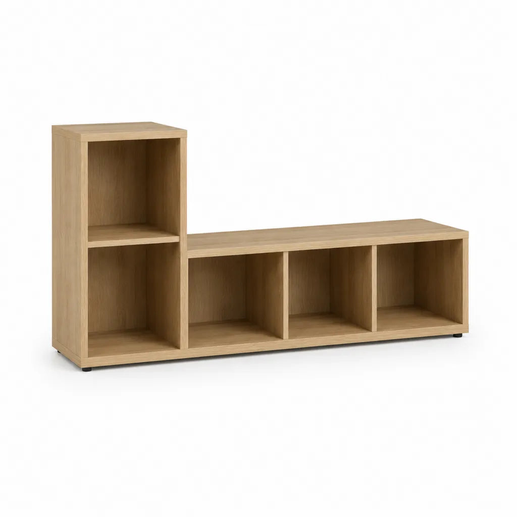 Mobile TV con 5 vani a giorno in truciolare effetto rovere 147 x 75 x 30 cm