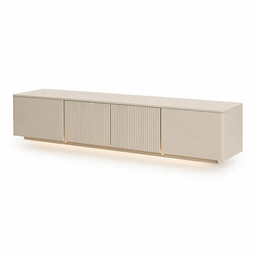 Mobile TV basso 200 x 40 x 45 cm in MDF laccato beige rettangolare con 4 ante