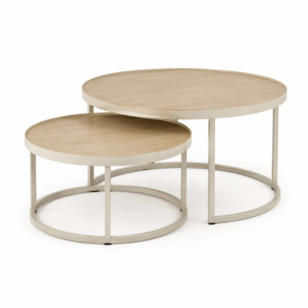 Set di 2 tavolini da caffe rotondi in MDF effetto rovere e acciaio beige 80 x 80 x 45 cm e 60 x 60 x 35 cm